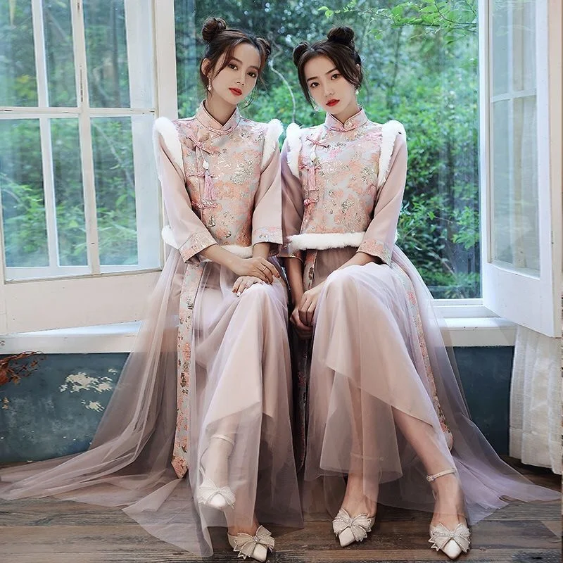 Women Chinese Traditional Costume Lady Bridesmaid dress Tang Suit  Long Slim Party Show Cheongsam Cosplay