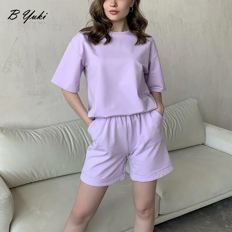 Blessyuki Summer 100% Cotton Sets Women 2023 New Casual Loose Two Pieces Short Sleeve T Shirts and High Waist Short Pants Suits