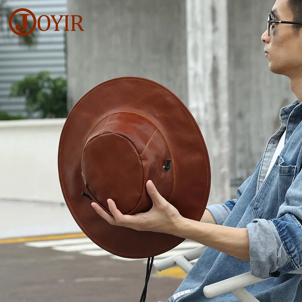 JOYIR Genuine Cow Leather Western Cowboy Hat Solid Leather Country Hat Classic Jazzย Felt Hats Retro Knight Hats For Men