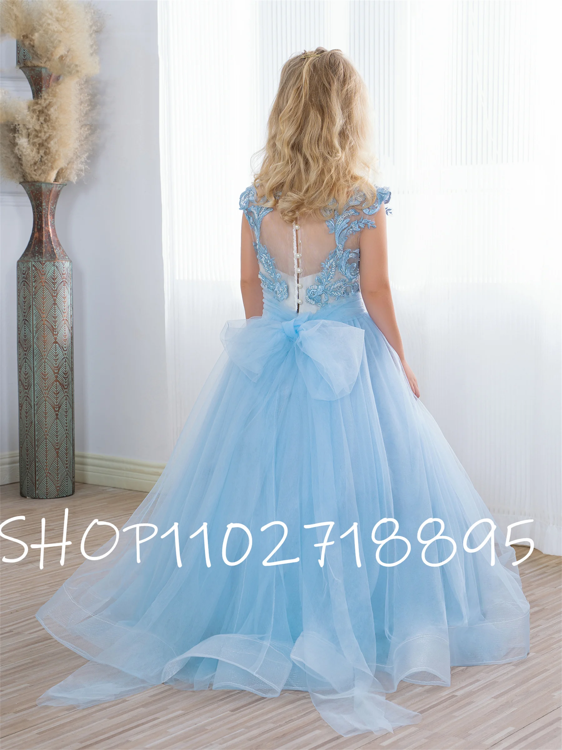 

Light Blue Luxury Flower Girl Dress with Bow Princess Wedding Party Dress for Elegant Child Christmas Gift Communion