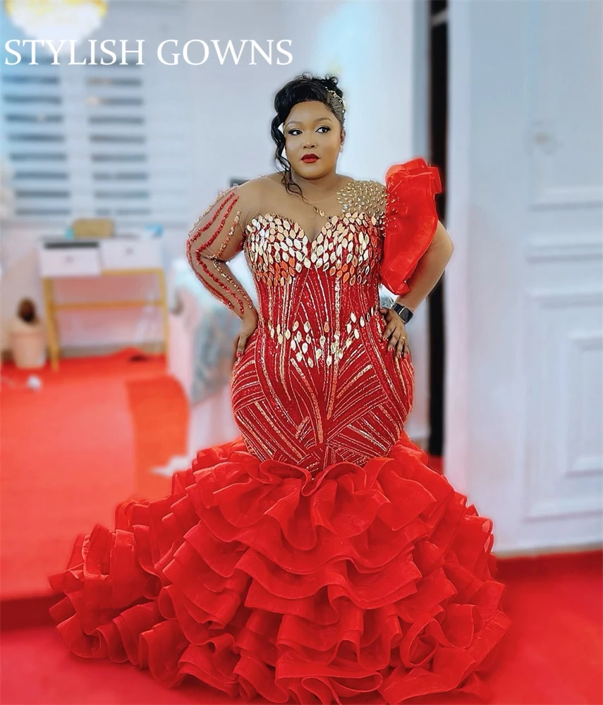 

Aso Ebi African Red Sheer O Evening Dresses Beaded Crystal Birthday Party Gowns Ruffles Tiered Mermaid Elegant Formal Gown Robe