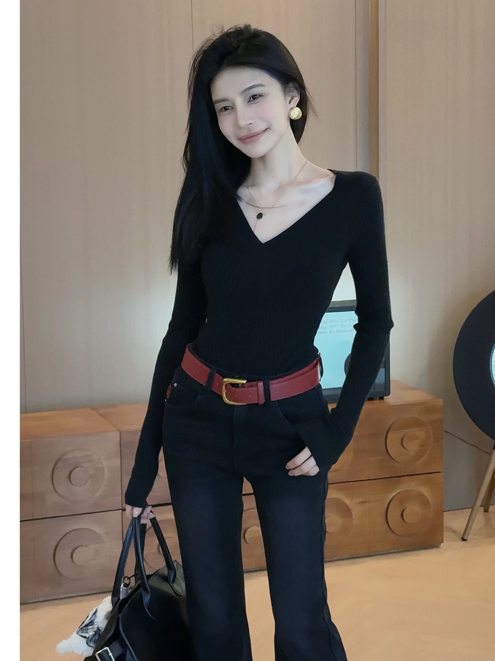 

Slimming Knitted Sweater V-Ne Texture Pattern Casual Sle Thiened Winter New Arrival Women's Long Sve Top