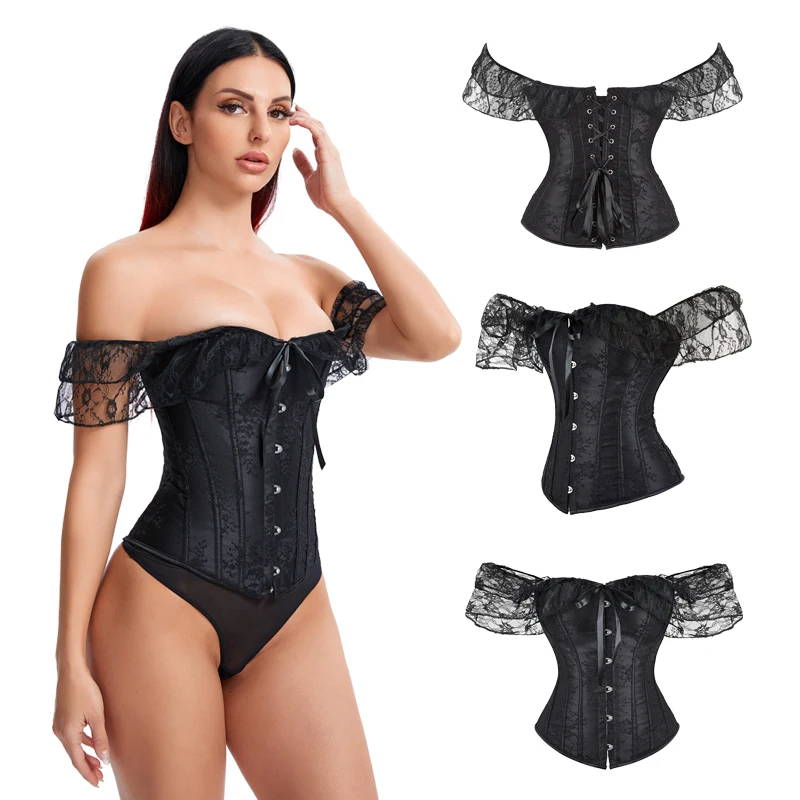 

Plus Size XXXXXL 6 Busk Metal Closure Floral Bone Corset Women Gothic Sleeve Underwear Stretch Lace Corsets