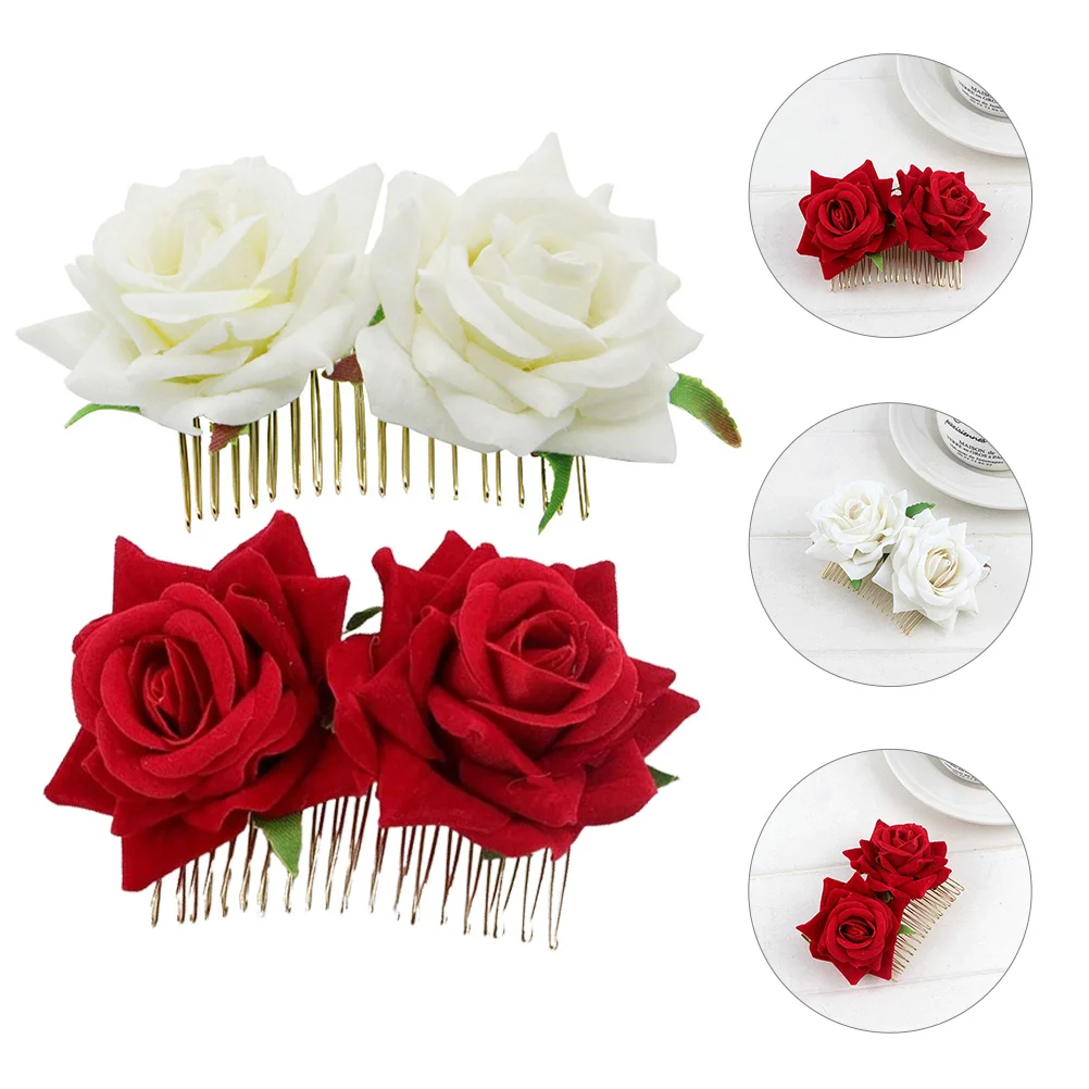

2 Pcs Rose Hair Comb Headdress Prom Accessory Wedding Accessories for Women Bride Clip Fabric Flower Combs Decorative