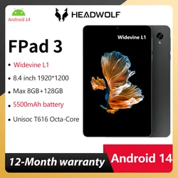 HEADWOLF FPad 3 안드로이드 14 태블릿 PC, 8.4 인치 최대 8GB 램, 128GB 롬, Widevine L1 Unisoc T616 옥타코어, FHD 화면, 5500 mAh