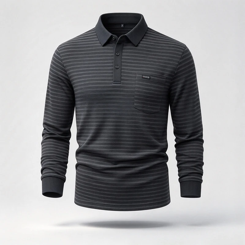 Herren-Polohemd mit langen Ärmeln und Brusttasche, gestreift, lässiger Business-Look, Herbst, Alltag, weich, atmungsaktiv, Herrenbekleidung. – Detail 6