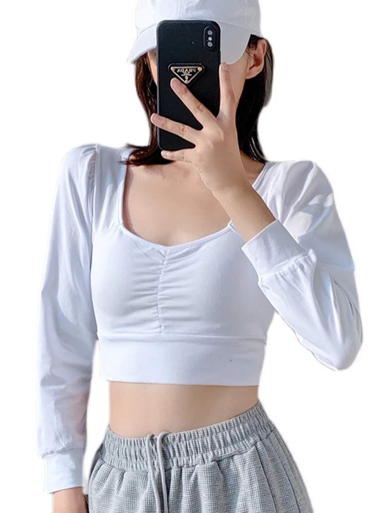 Crop Top T-Shirt Female Solid Cotton V-Neck Long Sleeve T-shirts for Women Slim Short Sport Femme Sexy T-Shirt White Black