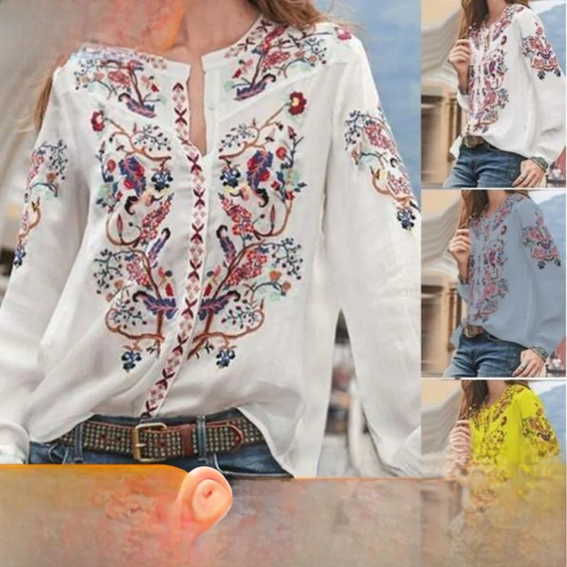 Sommer bedruckter Long Sve Damen irt Round Ne Pullover Casual Faion Blumendruck Top für Damen 25-29 Jahre alt