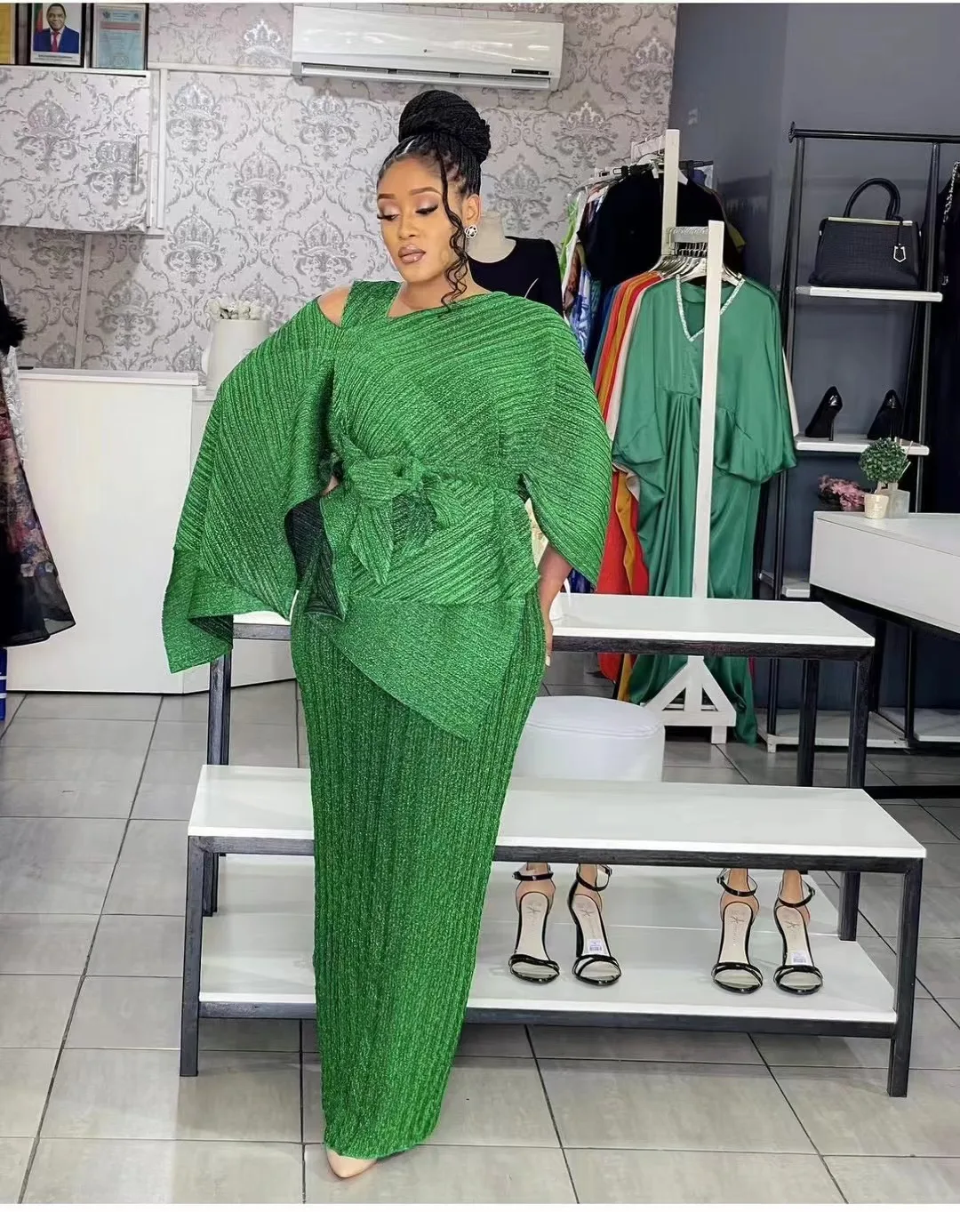 2024 Pleated Dress Women's Two Piece Sling High Waist Lacing Elegant Ankel Length Banquet Formal New Summer Fashion