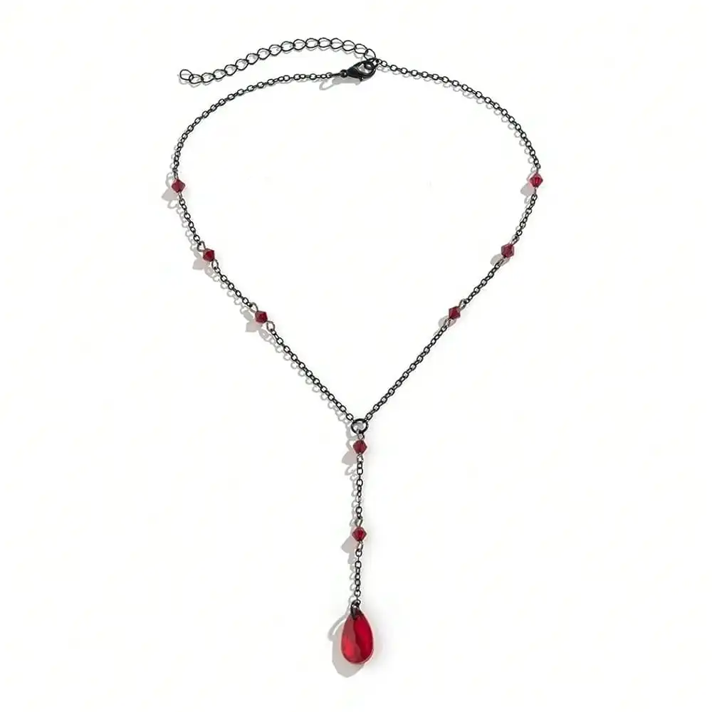 

Black Chain Necklace with Red Crystal Teardrop Pendant and Beaded Accents