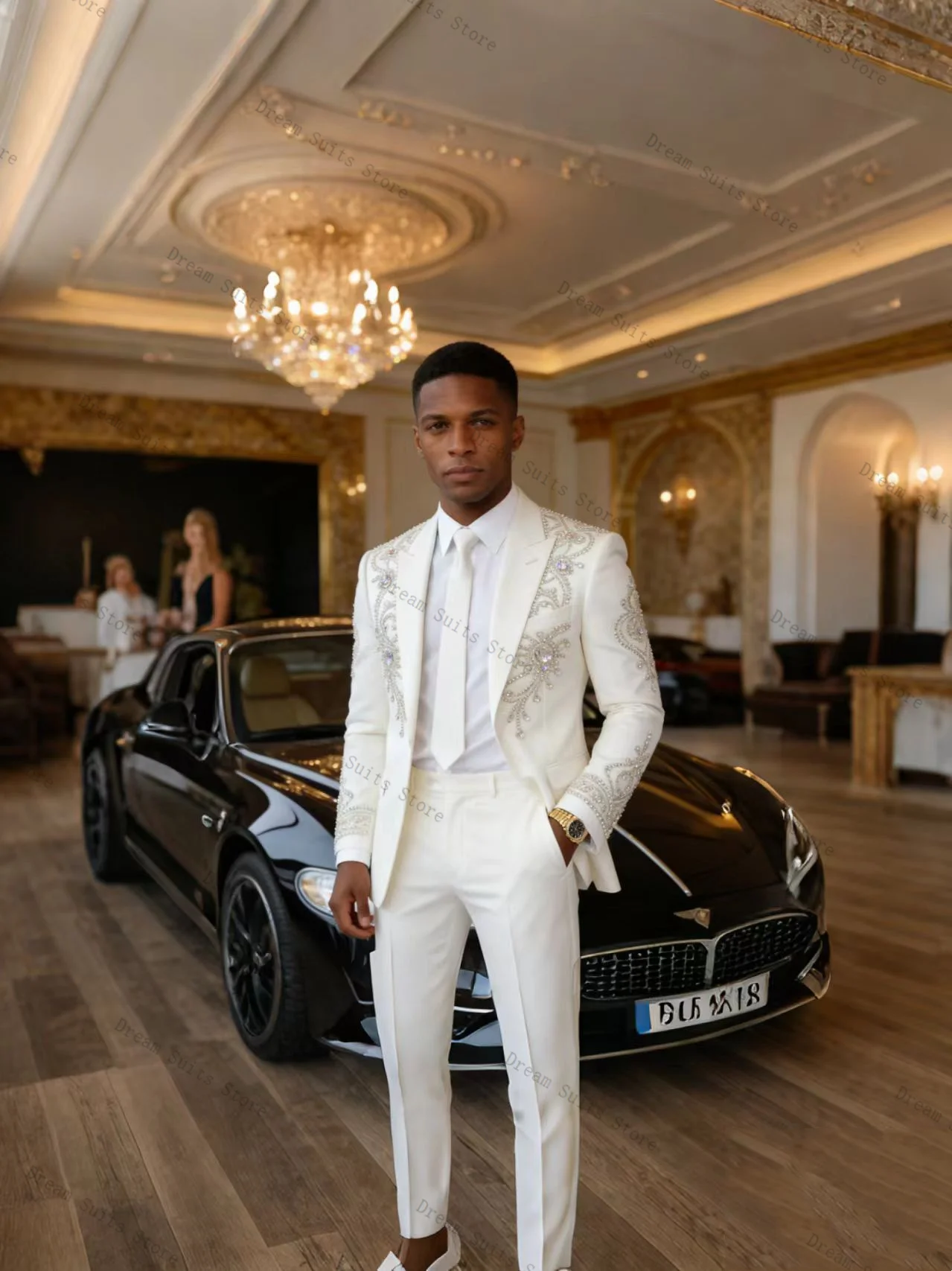 

White Men Suit Set 2 Piece Crystals Blazer+Pants Trousers Cotton Customized Formal Office Business Jacket Wedding Tuxedos Coat