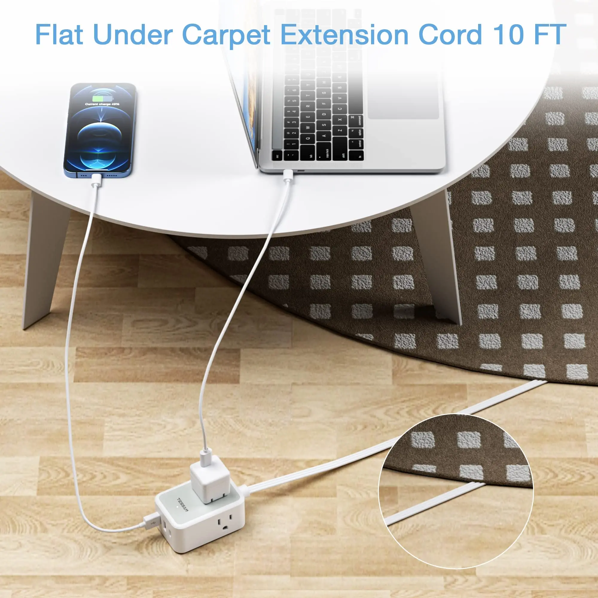 TESSAN Small Flat Plug Power Strip with 3 AC Outlets & 3 USB (1 USB C), 5ft/10ft Ultra Thin Flat Extension Cord for Travel Home