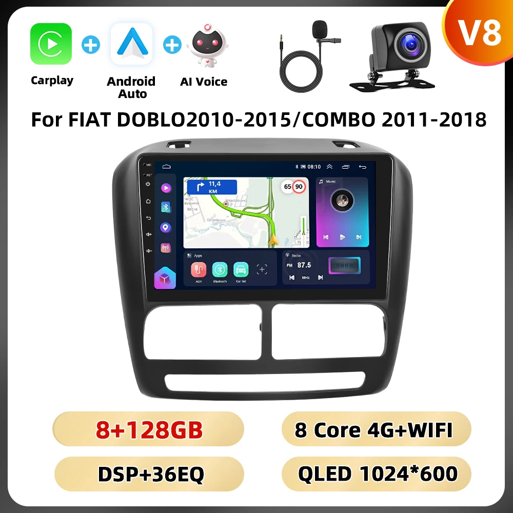 Podofo Ai Voice Autoradio Voor Fiat Doblo 2010-2015/Combo 2011-2018 Multimediaspeler 8Core Carplay Android Auto Gps Navigatie