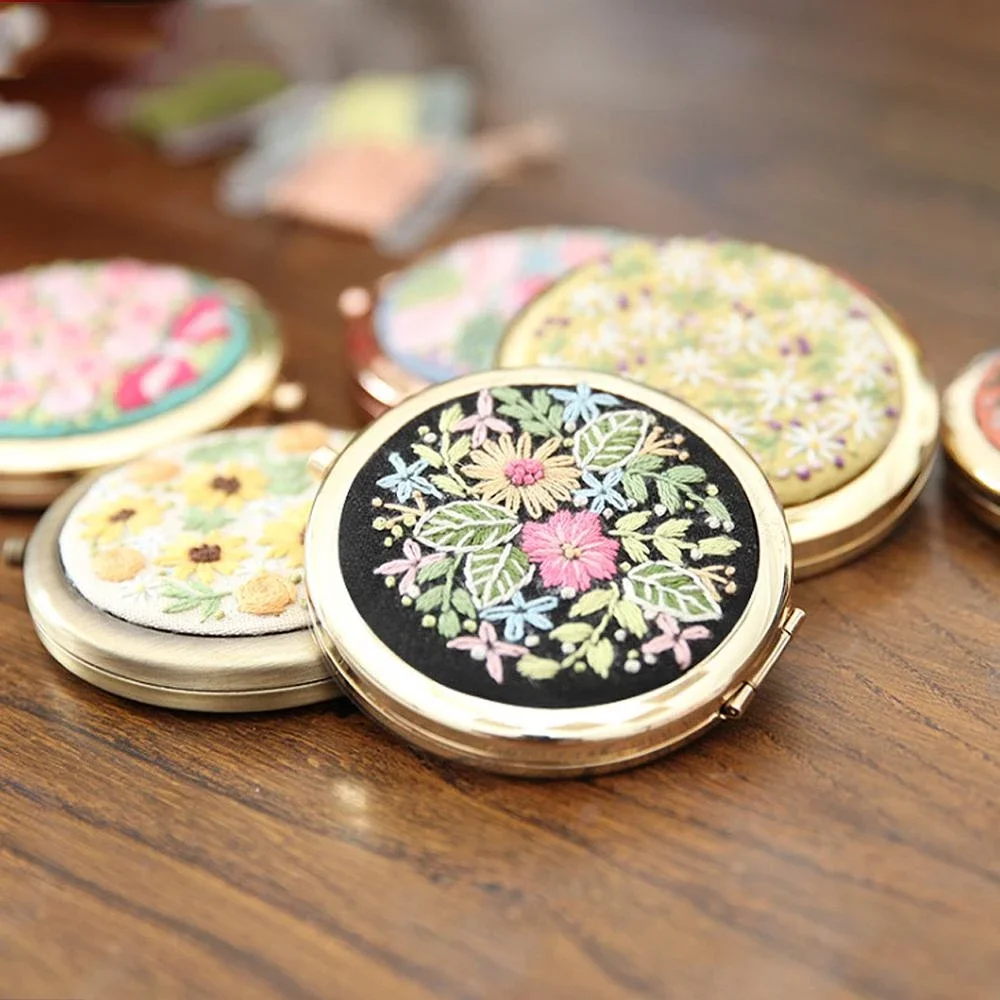 Makeup Mirror DIY Mini Round 3D Embroidery Mirror Handcraft Needlework Cross Stitch Kit Double-Sided Mirror Material Package