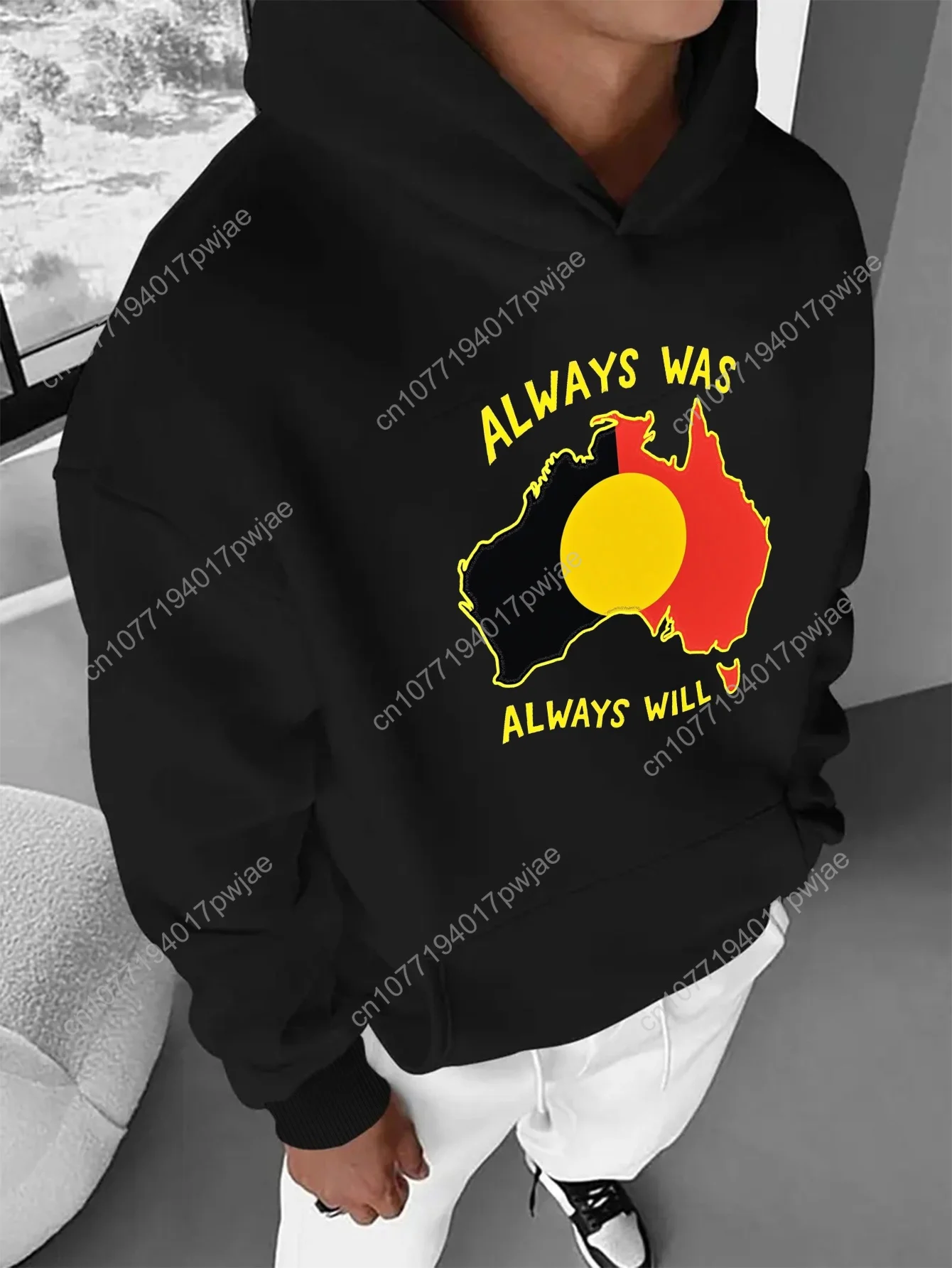 

250g Men's Casual Hoodie with Aboriginal Flag Design - "Always Was, Always Will Be" Print, Green with Yellow & Black Detail, Cas