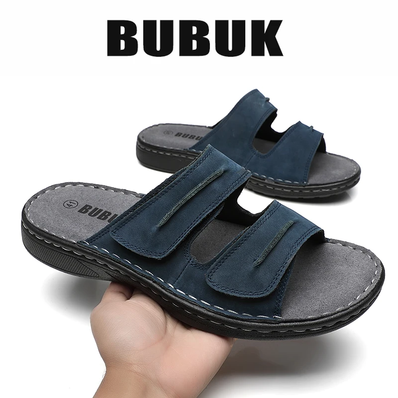 Bubuk Men's Genuine Leather Sports Slippers, Open-Toe Outdoor Non-Slip Sandals, Fashionable Top Layer Cowhide Casual Men's Shoes, with Arch Support, Adjustable Upper, Suitable for Summer Hiking, Travel, and Work Wear view 5
