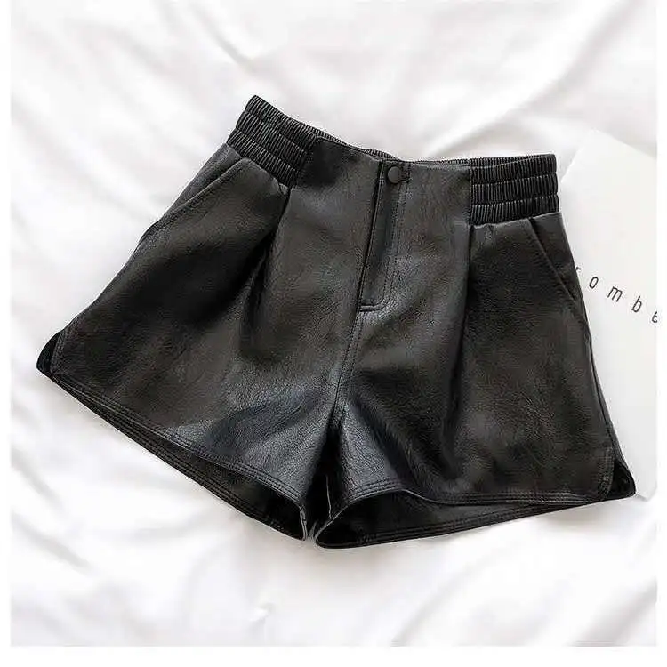 New Faux PU Autumn Winter Women Shorts Wide Leg Shorts High Waist Solid Color Shorts Women Chic Leather Short Trousers T417