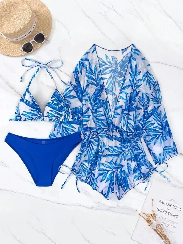 3Pieces Bikini Sets Women Swimwear Leaves Print Halter Bra Tops+Thong+Cover-ups Rompers Female High Cut Bathing Suit Biquinis