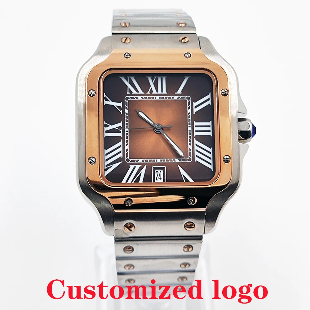 ساعات NH35 ساعات مربعة للرجال والنساء، ساعات أوتوماتيكية للرجال والنساء، ساعات كاجوال بحزام من الخيزران من الفولاذ المقاوم للصدأ