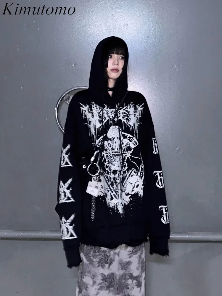 

Kimutomo Hoodies Women Printed Loose Long Sleeve Autumn Winter Grunge Gothic Y2k Aesthetic Harajuku Sweatshirts Ladies Fashion