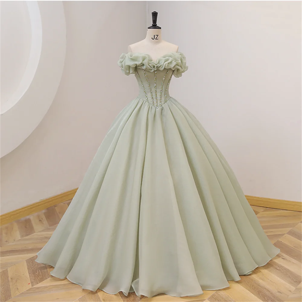 Vestido de novia de tul elegante verde claro, sesión de fotos de Corea, vestido de novia con manga acampanada, largo hasta el suelo personalizado ﻿ A037