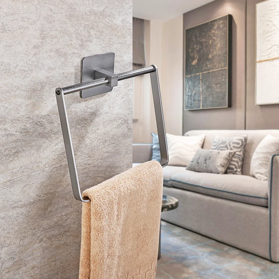 

Adhesive Towel Ring Square Matte Sliver Black Gold Grey Aluminum Wall Mounted Bathroom Lavatory Towel Holder Ring Hanger Rack