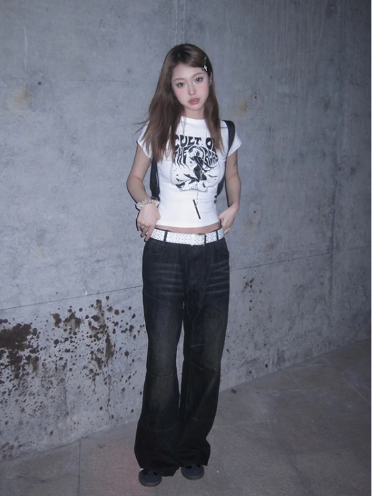 المرأة الصيف موضة القوطية الشرير تي شيرت سليم خمر طباعة الشارع الشهير بلايز Y2k الجمالية تي شيرت على طراز هاراجوكو اليابانية الكورية #4