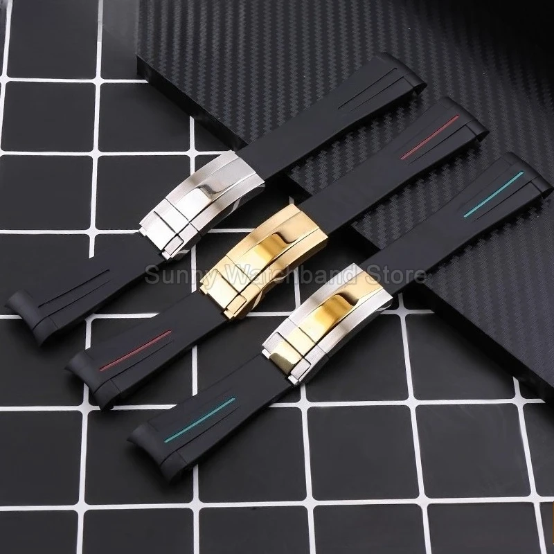Silicone Watch Accessory 20mm Black Style for Rolex Daytona Black Green Submariner Yacht-Master Waterproof Breathable Watchband