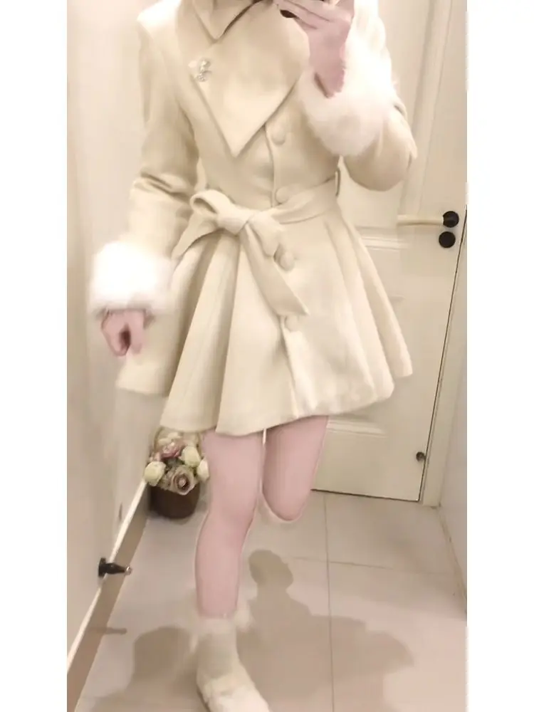 Elegant Sweet Lady Asymmetric Collar Tie Waist Wool Coat Women Fashion Slim Princess Style Warm Blends Winter Outerwear 2026 New