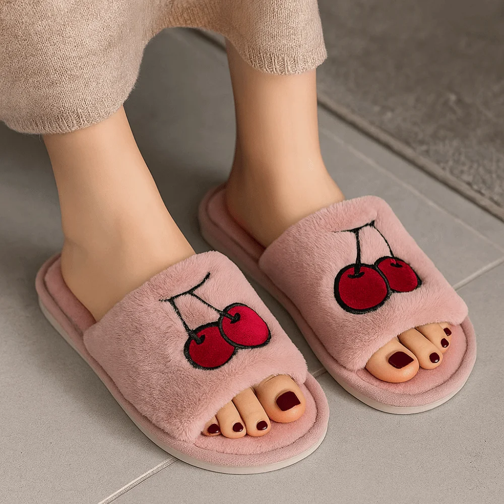 

1Pair Plush Cotton Fruit Fluffy Slippers Embroidered Soft Little Cherry Slippers Open Toe Warm Indoor Footwear Autumn Winter