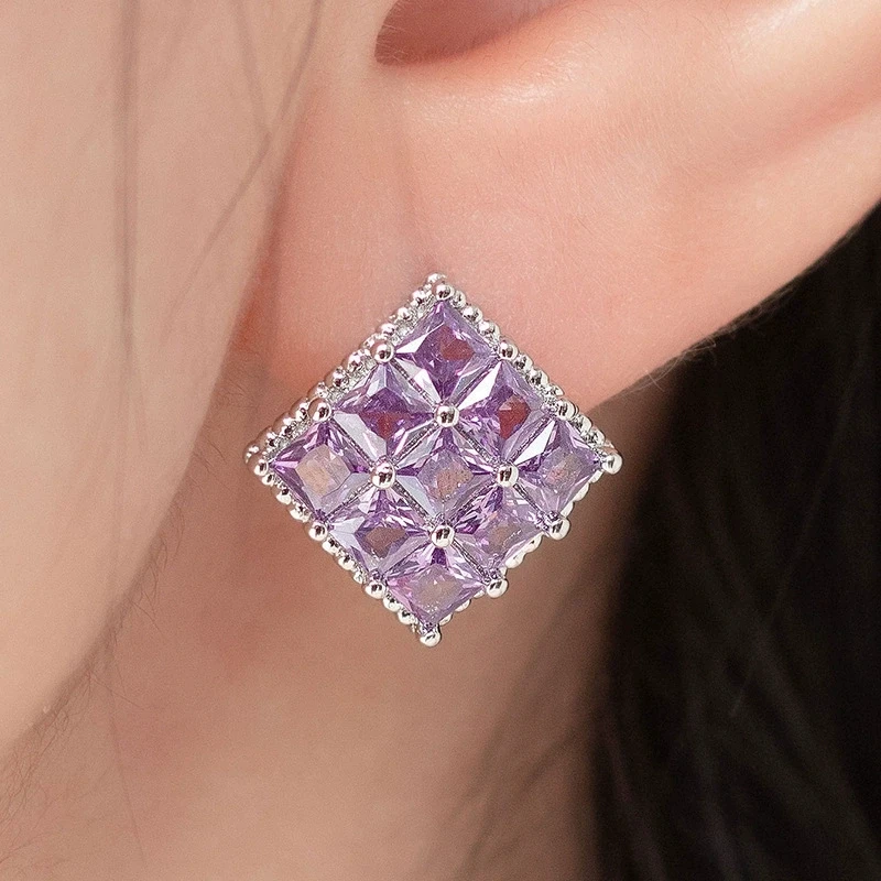 كبير مربع الأرجواني كريستال الأبيض الزركون هوب أقراط للنساء خمر فضي اللون الزفاف الأذن مشبك مجوهرات الخطوبة الزفاف