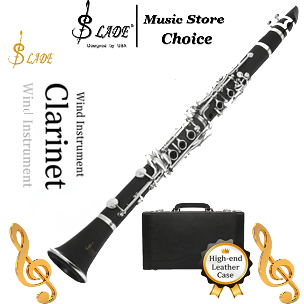 C Clarinet 17 Keys Rubber Body Clarinet with Silver Keys–Pro Student Clarinet with Leather Pads Leather Case for Perform Exam
