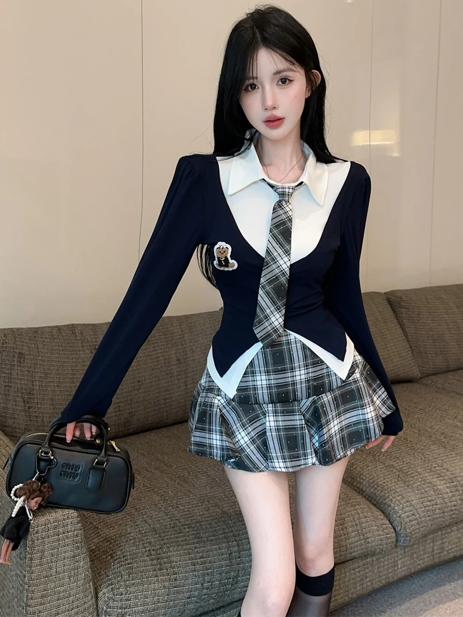 Korean Style Spicy School Girl Set Color Block Long Sleeve Slim Fit High Waist Plaid  Skirt Uniform Fashion Ensemble