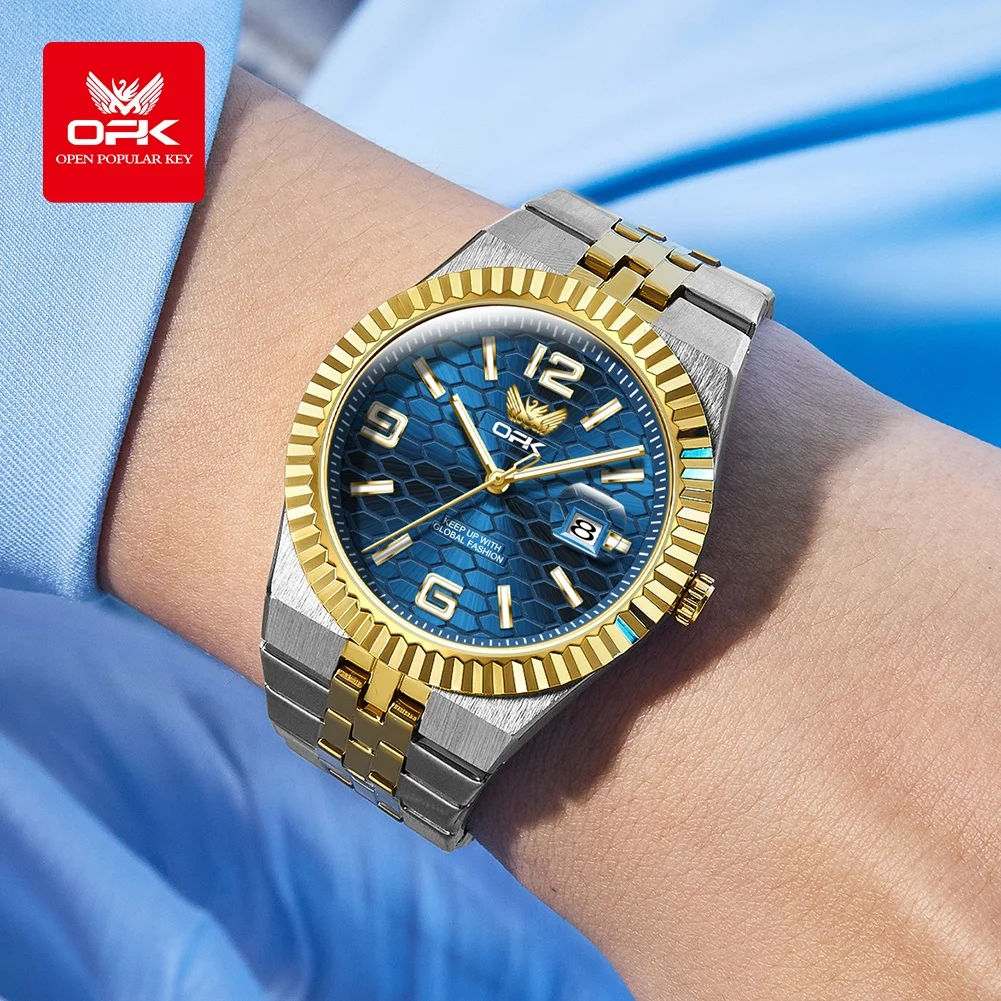 OPK Men Watches 8186 Trend Fashion Original Quartz Watch for Man Texture Threaded Bezel Waterproof Luminous Date Stainless Steel