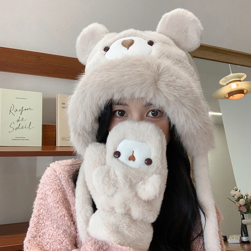 Autumn And Winter New Cute Plush Bear Hat Women's Fashionable Windproof Warm Pullover Hat And Gloves Two-piece Set