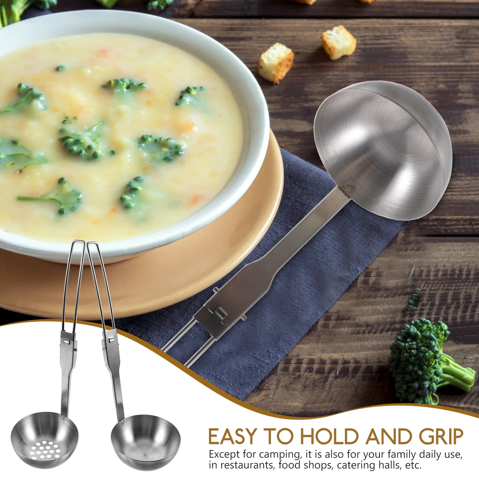 

2 Pcs Folding Soup Spoon Stainless Steel Portable Outdoor Spoons Lightweight Camping Tableware Foldable for Travel