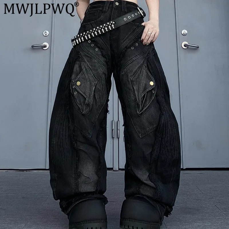MWJLPWQ Heavy-Duty Deconstructed Patchwork Raw Edge Curved Hem Jeans Male American Trendy Style Loose Wide-Leg Pants 20394