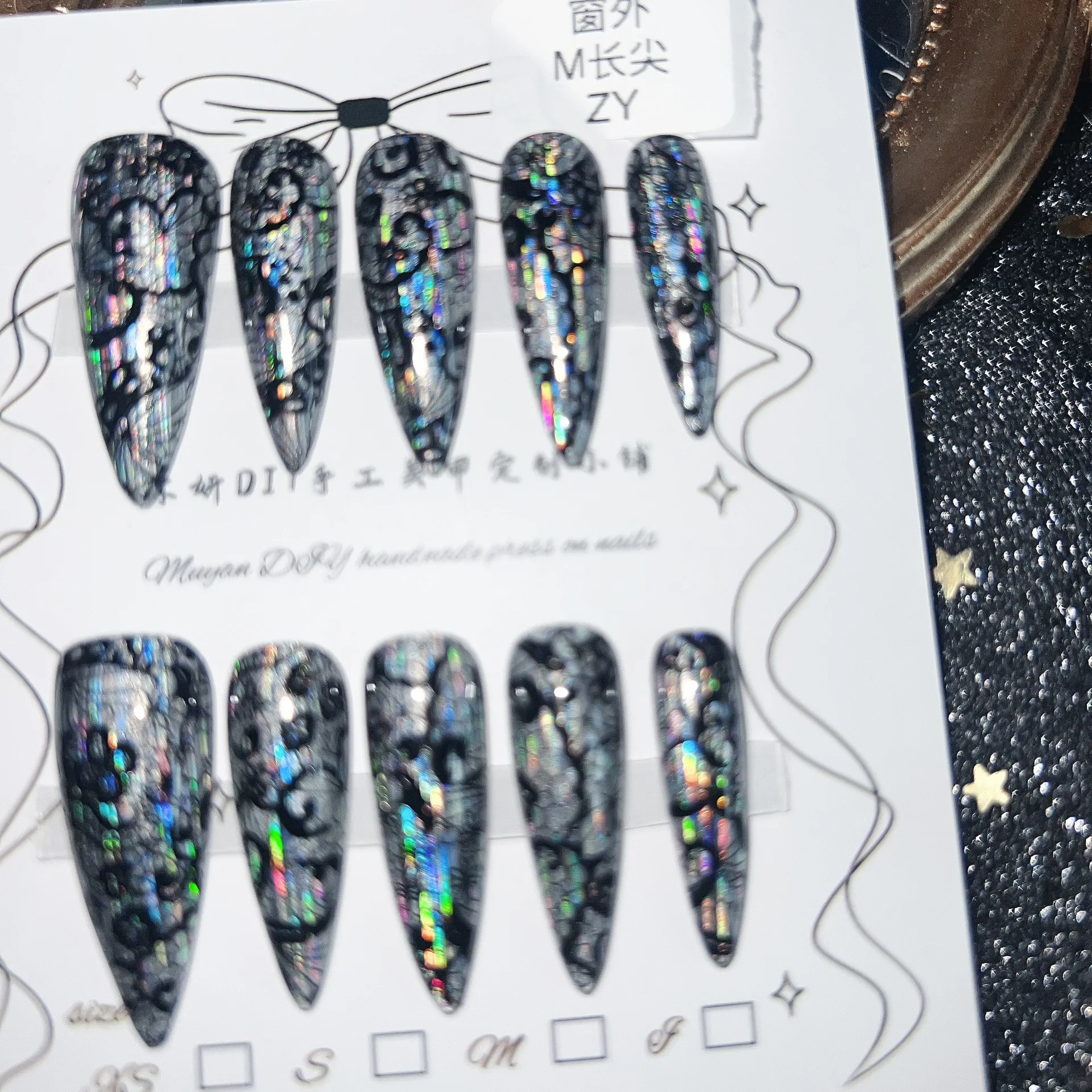 

Handmade Dark Lolita Press On Nails Midnight Lace Holographic Laser Extra Long Stiletto Delicate Lace Texture Heavy Duty Trendy
