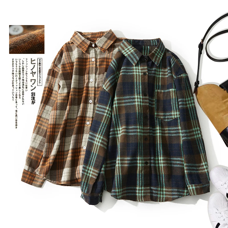 Harajuku اليابانية الرجعية الأخضر منقوشة نحى قميص المرأة فضفاضة تناسب مفتوحة الجبهة سترة الربيع جودة بلوزة الكاكي جيب القمم