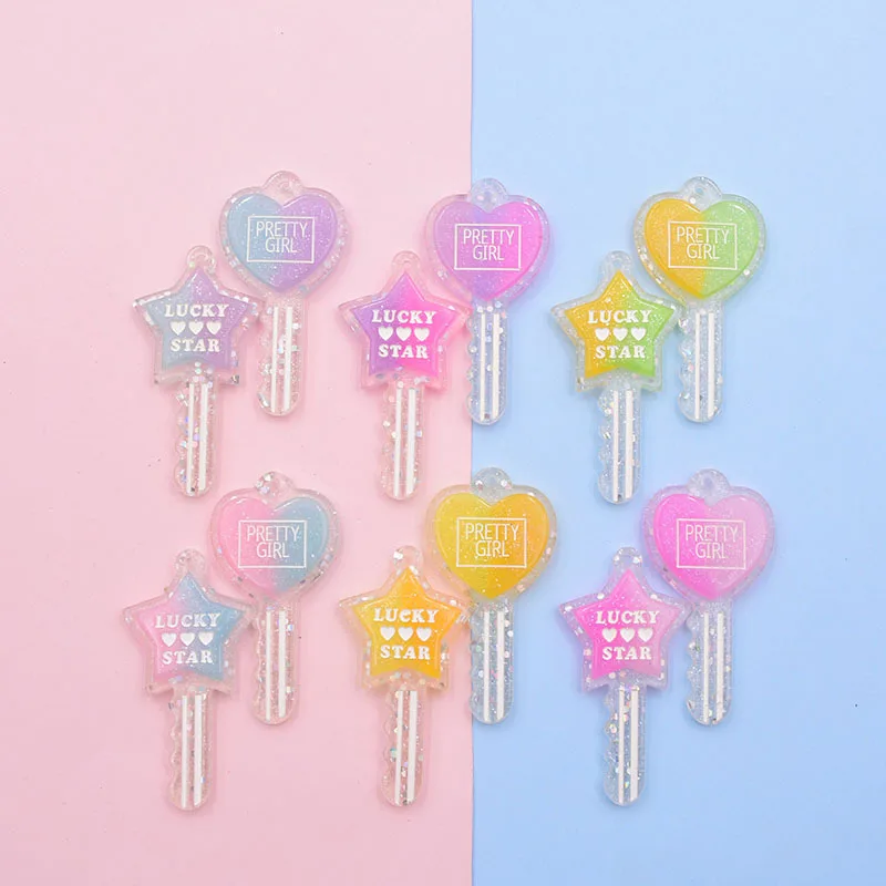 10pcs Simulation Resin Gradient Two-Color Heart and Stars Letter Keychain Pendant DIY Key-Shaped Bag Charm Jewelry Accessories