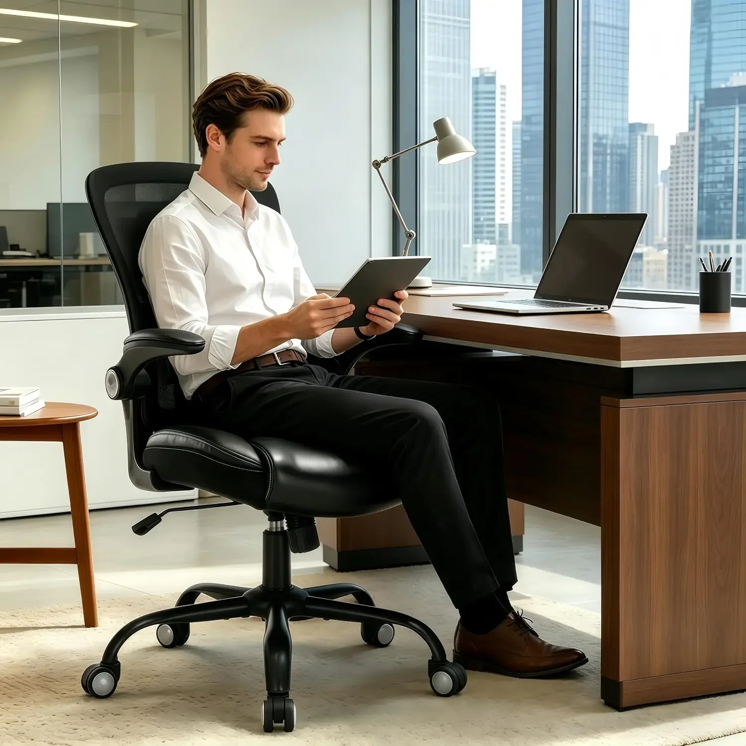 PU Leather Mesh Ergonomic Office Chair with Adjustable Arms Lumbar Support