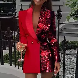 Traje pequeño con estampado de retazos de dos tonos, chaqueta sexy con escote en V profundo, Falda corta informal para banquete y fiesta