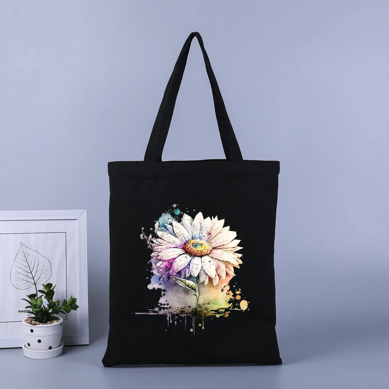 Daisies printed canvas shopping bag large capacity handbag tote bag student school bag