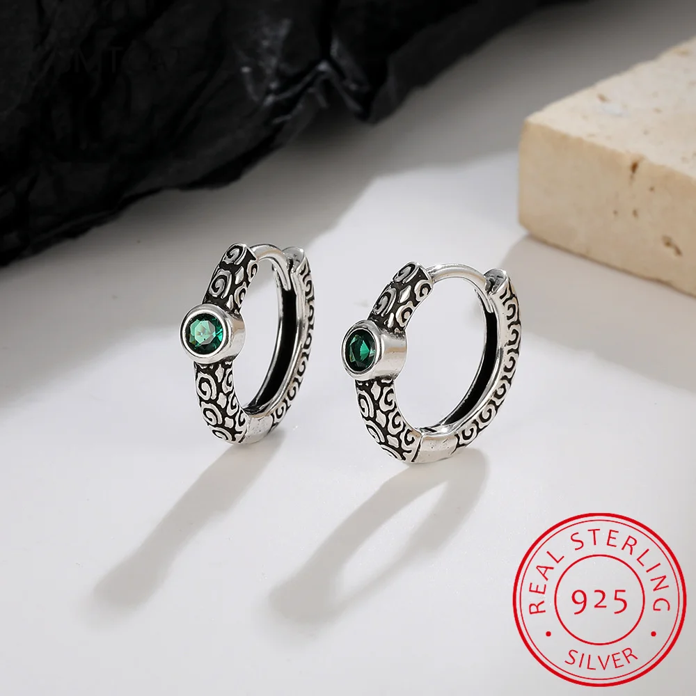 Round Green Simulated Nano Emerald 925 Sterling Silver Vintage Pattern Hoop Earring for Women Statement Gemstone Wedding Jewelry
