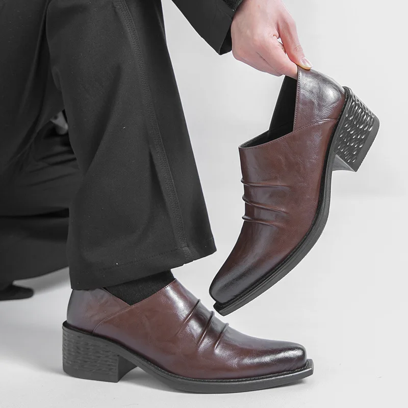2026 Ruched Pointed Toe Chunky Heel Mens Dress Shoes Slip on Formal Business Office Shoes Vintage Casual Work Footwear Non-slip