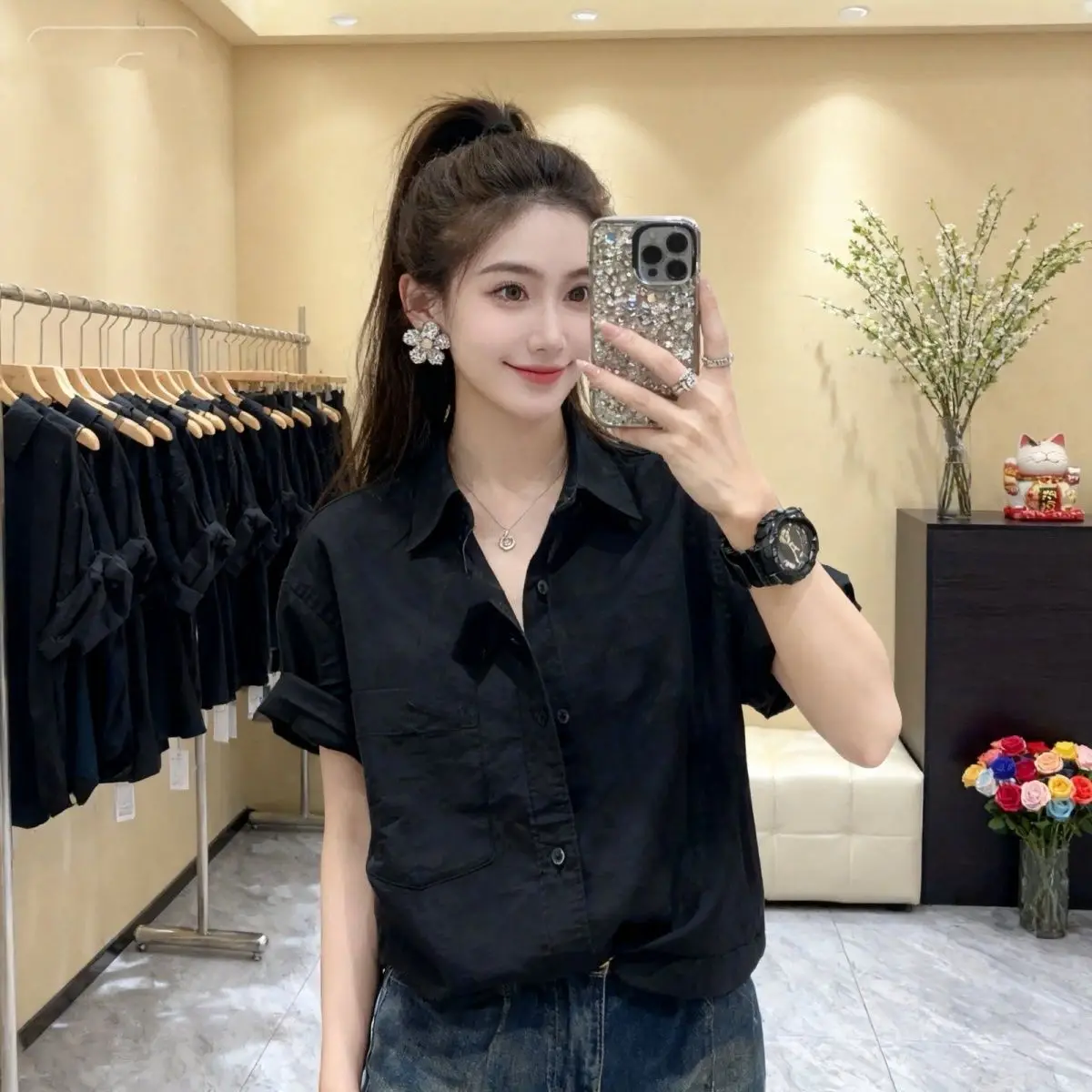 

Black Versatile Pure Cotton Short Sleeve Shirt Loose Fit Summer Style Women's Premium Top Fashionable Casual Neck