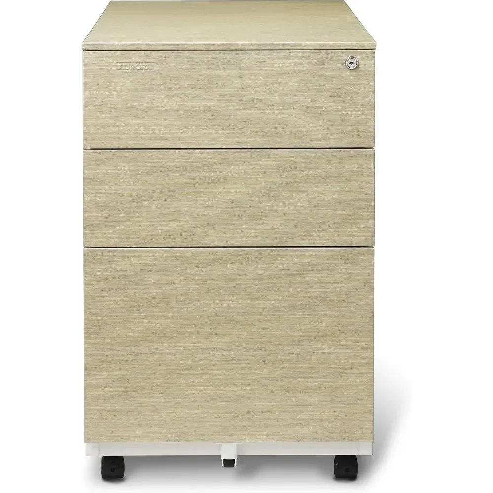 Mobile File Cabinet 3-Drawer Metal with Lock Key Sliding Drawer, White/Light Wenge, Fully Assembled, Ready to Use