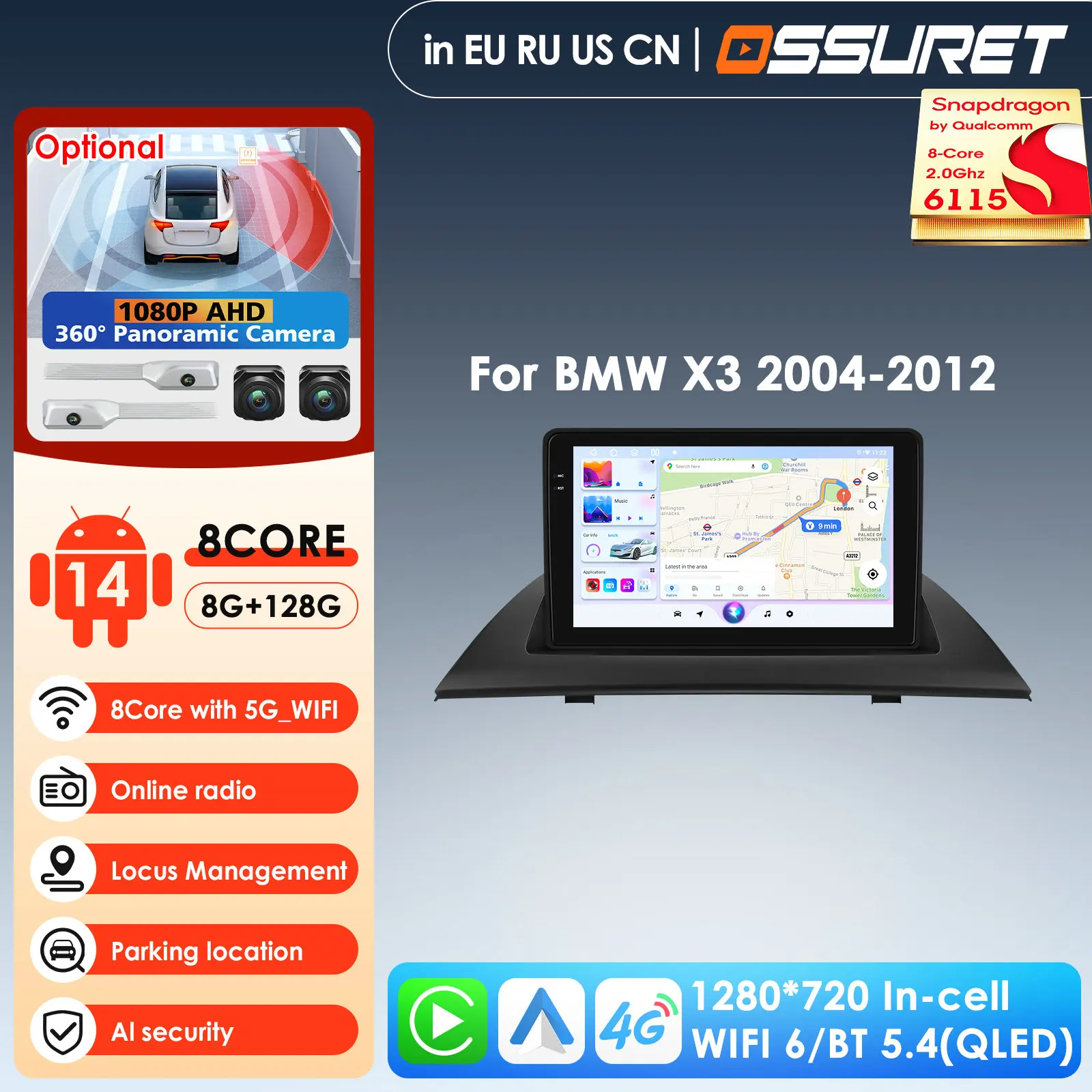 

9-дюймовый мультимедийный проигрыватель на базе Qualcomm Snapdragon 4G LTE с CarPlay и Android для BMW X3 E83 2004-2012, совместимый с CD-системой, GPS, стерео, Bluetooth