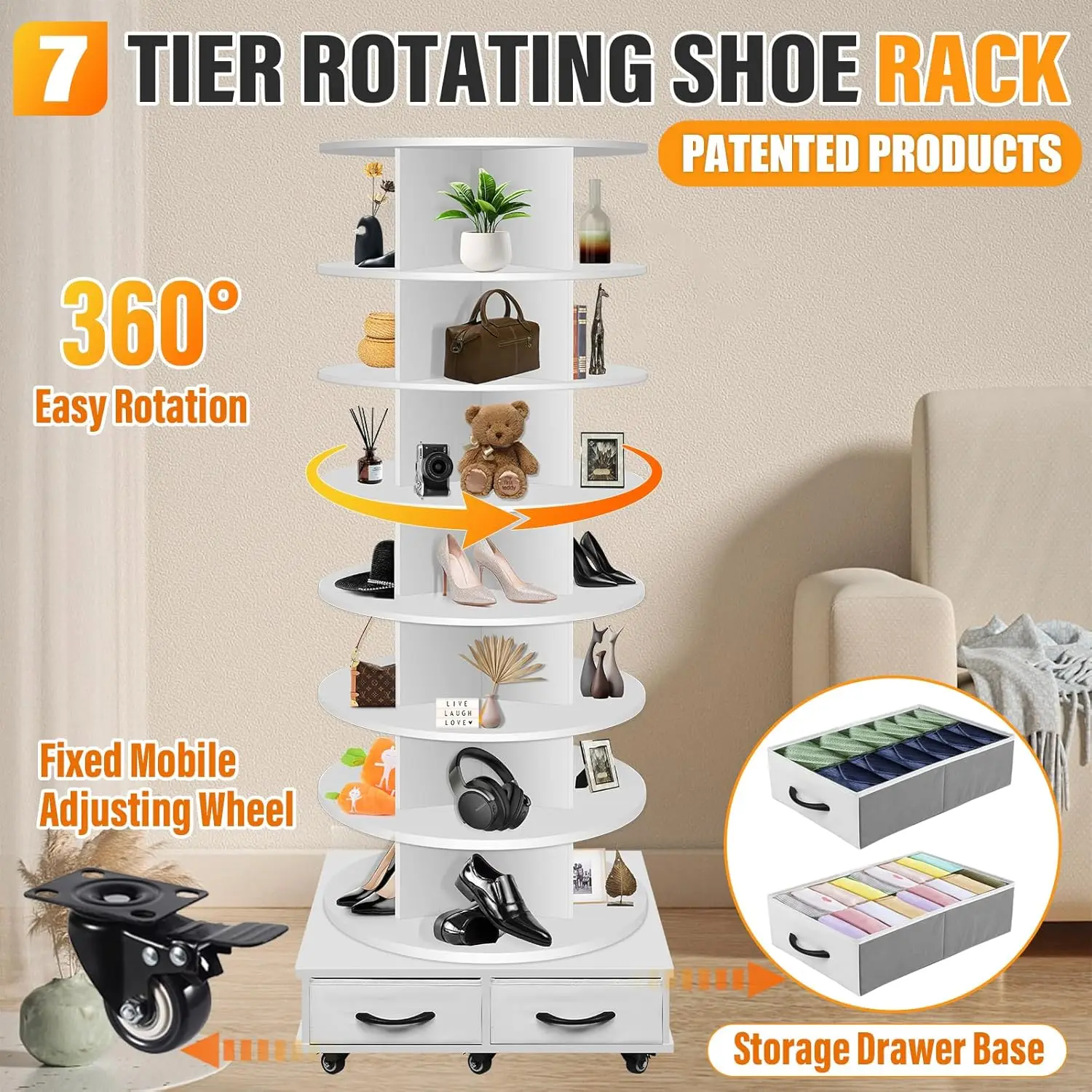 Rak Sepatu Berputar 8 Tingkat dengan 2 Laci, 360 °   Karusel Penyimpanan Berputar dengan Roda & Rem