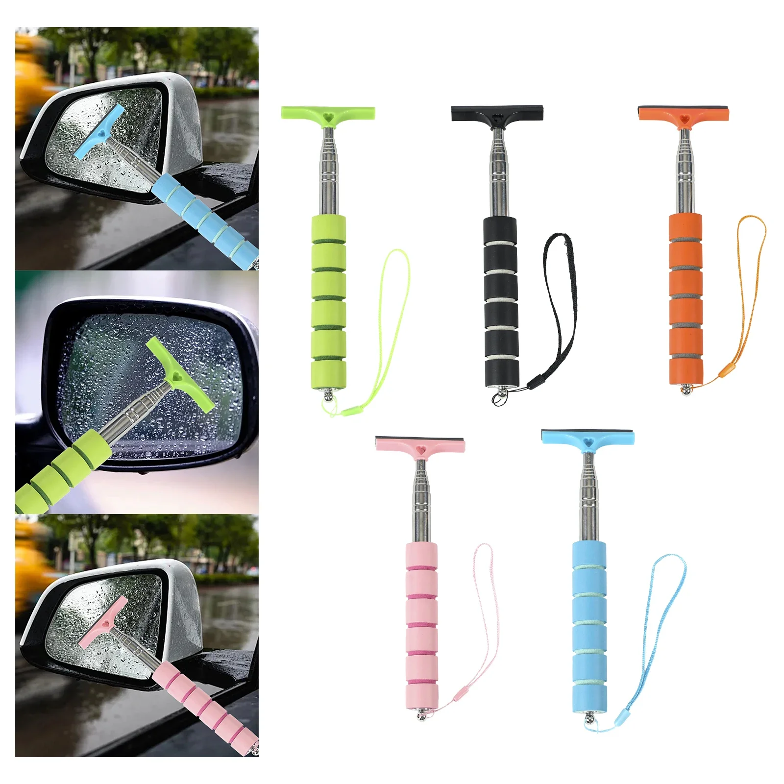 Car Rearview Mirror Wiper Stainless Steel Telescopic Long Handle Auto Mirror Squeegee Cleaner for Cleaning Shower Glass Door